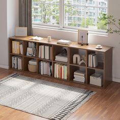 a room with a rug, bookshelf and windows