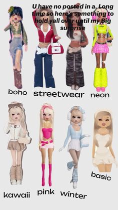 several dolls are shown in different colors and sizes, with the words barbie on them