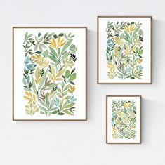 three framed art prints with green and yellow leaves