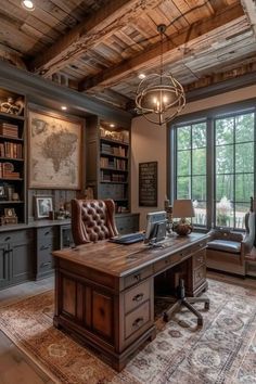 a home office with an old world feel