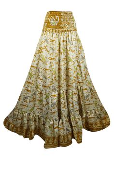 Embrace your free-spirited side with our Boho Chic Maxi Skirt, designed for the modern soul who loves to blend Gold printed Floral comfort and style. This flowing, maxi-length skirt features vintage-inspired tribal prints and earthy tones, perfect for creating a laid-back yet hippie-style look. Handcrafted with care, the skirt boasts tiered layers and subtle, giving it a graceful, gypsy flair. Whether you're strolling on the beach or attending a festival, this relaxed-fit statement skirt will fl Beach Long Skirt, Chic Maxi Skirt, Yoga Mala Beads, Skirt Patchwork, Textile Tapestry, Statement Skirt, Hindu Statues, Antique Doors, Boho Pants