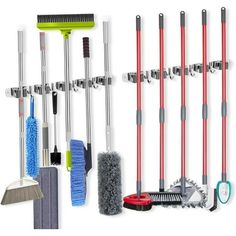 several cleaning products and tools are arranged on a white background, including brooms, mop heads, brushes, and sponges