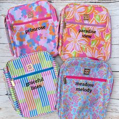 four different colored bags with words on them