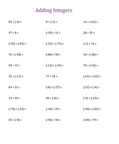 the worksheet for adding and subtracting numbers is shown in purple letters