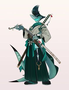 an anime character holding two swords and wearing a long green dress with white trims