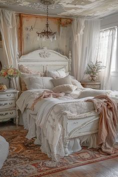 Cozy, vintage bedroom with a distressed white bed frame, layered pillows and blankets, floral decor, a chandelier, and sheer drapes letting in soft light. Victorian Bedroom Aesthetic, Vintage Shabby Chic Bedroom, Shabby Bedroom, Wrought Iron Bed, Iron Bed Frame, Victorian Bedroom, Vintage Inspired Decor, Shabby Chic Bedroom, Living Room Loft