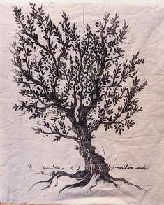 a black and white drawing of a tree on a piece of paper with roots in it