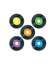 four different colored vinyl records on a white background