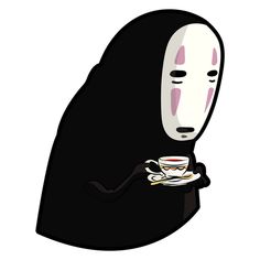 a cartoon character holding a coffee cup and saucer in one hand with a sushi on the other