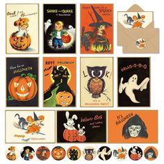 an assortment of halloween greeting cards with pumpkins, cats and ghostes on them