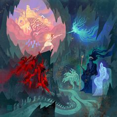 an illustration of two people standing in the middle of a forest with dragon like creatures