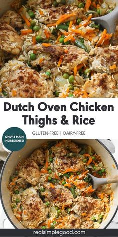 dutch oven chicken thighs and rice in a skillet