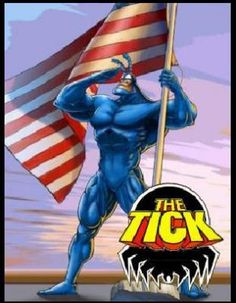 a cartoon character holding an american flag in front of a sky background with the text, the 7ck