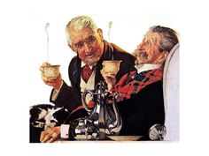 an old man sitting at a table next to another older man drinking from cups and saucers