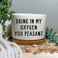 a coffee mug with the words drink in my oxygen you pleasant on it next to some succulents