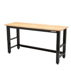 a wooden table sitting on top of a metal frame bench with two legs and one end missing