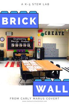 a classroom with desks, chairs and a sign that says brick on the wall