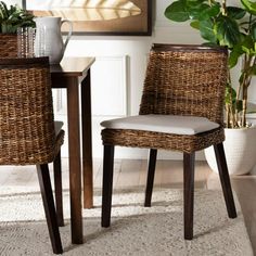 two wicker chairs sitting next to each other in front of a potted plant