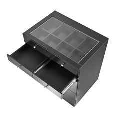 an open drawer with two drawers on each side and four compartments in the bottom section