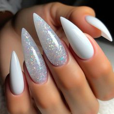 Elevate your nail game with gorgeous acrylic designs! 💅 From classic French tips to bold ombre fades, discover acrylic nail ideas that range from natural and chic to vibrant and daring. Perfect for any occasion, these long-lasting styles will have your nails looking flawless. Get inspired and find your new favorite look! ✨ #AcrylicNails #NailInspo #NailArt Sharp Glitter Nails, White Nail Almond Shape, Eradesant Nails, Super Glitter Nails, Nails New Year 2024, Stilleto Christmas Nail Art Designs, Pointy White Nails, White Nails With Designs 2024, Icicle Nails Acrylic