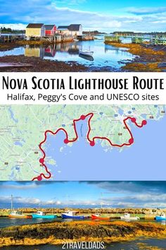 the map for novaa lighthouse route in halifax, peggy's cove and unesco