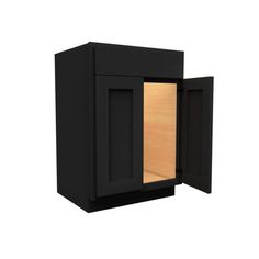 a black cabinet with wooden doors on the front and bottom, open to reveal an unfinished door