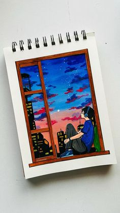 a drawing of a person sitting on a window sill looking out at the city