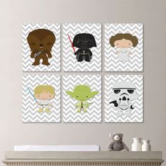 four star wars wall art prints in white and gray chevrons, each with different characters