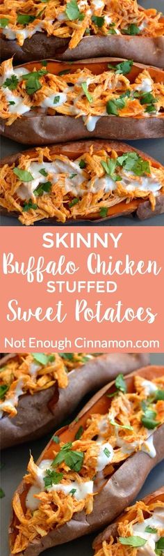 Baked sweet potatoes loaded with buffalo sauce shredded chicken + skinny blue cheese sauce! So delicious and comforting! Find the recipe on NotEnoughCinnamon.com #glutenfree #healthy #dinner Potatoes Loaded, Chicory Recipe, Stuffed Sweet Potatoes, Baked Sweet Potatoes, Blue Cheese Sauce, Heart Chocolate, Chicken Stuffed, Eat Healthier, Healthy Lunches