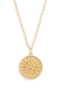 Add a simple statement to your neckline with this sun ray disc pendant necklace with a gleaming 14-karat gold plate finish. 18" length with 2" extension 14K gold plate Imported Disc Pendant, Keep Jewelry, Anniversary Sale, Nordstrom Rack, Gold Plate, Nordstrom, Pendant Necklace, Perfect Gift, Sun