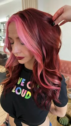 Las Vegas stylist  • Pulpriot color  • Red hair  • Pink hair  • Burgundy And Bright Red Hair, Popular Hair Dye Styles, Wine Hair With Pink Money Piece, Wine Red Hair With Pink Money Pieces, Pink And Burgandy Hair, Burgundy And Light Pink Hair, Dark Red With Pink Highlights