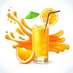 orange juice splashing out of a glass next to an orange slice with a straw