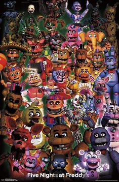 five nights at friedy poster with many cartoon characters in front of the image and text