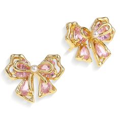 PRICES MAY VARY. Cute sparkly bow stud earrings, delicate small double ribbon bow, featuring a bigger bow adorned with dazzling pink droplet cubic zirconia, on top of it embellished a dainty simple bow with tiny resin pearl, graceful and sweet. Unique small bow ear stud, push back for pierced ears, lovely sailor bow shape, matching with dreamy pink color and fancy design, perfect for both everyday wearing and nice for romantic dating. 14k gold plated brass, lightweight, lead free, nickel free, h Pink Bow Jewelry, Pink Gifts For Friends, Pink Christmas Gifts Ideas, Pink Girly Things To Buy, Pink Bow Earrings, Gifts For Ur Mom, Good Birthday Gifts For Best Friend, Stuff For Christmas List, Cute Things From Amazon