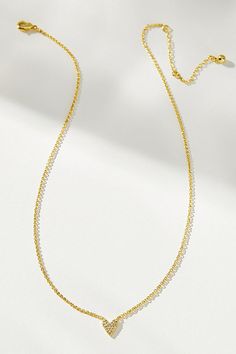 14k gold-plated brass, cubic zirconia Lobster clasp Imported | Full Pavé Heart Necklace by Uncommon James in Gold, Women's, Gold/Plated Brass/Cubic Zirconia at Anthropologie Gold Cubic Zirconia Charm Necklace With Lobster Clasp, Gold Heart Necklace With Delicate Diamond Chain, Adjustable Gold Heart Necklace With Clavicle Chain, Elegant Everyday Heart Necklace, Gold Diamond Heart Charm Necklace, Gold Heart-shaped Diamond Charm Necklace, Gold Heart Necklace With Delicate Chain, Gold Cubic Zirconia Clavicle Charm Necklace, Gold Diamond Charm Necklace With Adjustable Chain