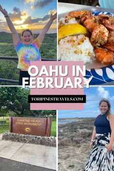 a woman standing in front of a plate of food and the words, oahuu in