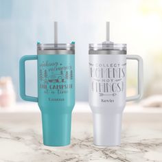 two travel mugs sitting next to each other on a marble counter top with the words collect moments not things