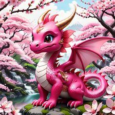 a pink dragon sitting on top of a rock next to flowers and trees in the background