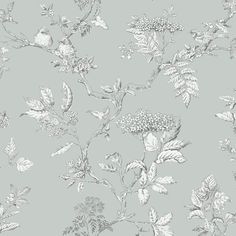 a gray and white floral wallpaper with leaves