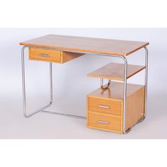 a wooden desk with two drawers on each side