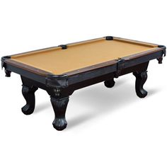 an antique pool table with wooden top and legs, in black finish on white background