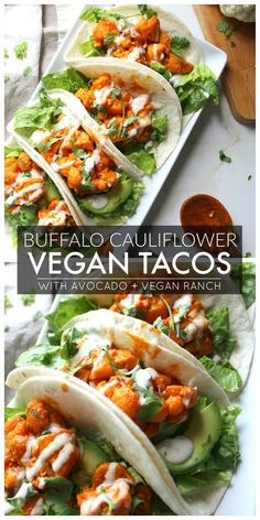 easy vegan buffalo cauliflower tacos on a plate