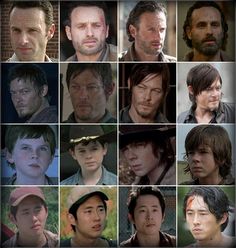 the walking dead characters are shown in this collage with different facial expressions and hair colors