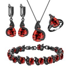 PRICES MAY VARY. ❤A SPARKLING JEWELRY SET❤:We configured a teardrop created-garnet for this brand new gun black jewelry set. Its unique curved structure is set with small round black stones. This center stone will sparkle in the sun, reflecting a vivid red light. It will be a great choice with dark dresses for outdoor weddings and parties. ❤MATERIAL❤:This jewelry set is made of black gun plated copper, highly polished, lead-free, nickel-free, and non-allergenic. The center stone is a teardrop re Black Jewelry Set, Dark Dresses, Fortnite Map, Sparkling Jewelry, Dark Dress, Black Stones, Bracelet Wedding, Prom Jewelry, Outdoor Weddings