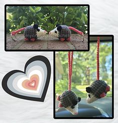 two stuffed animals hanging from strings in the shape of hearts