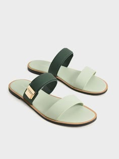 Metallic Buckle Slide Sandals, Green, hi-res Men Leather Sandals Fashion, Modern Wallet, Shoe Makeover, Luxury Sandals, Nice Sandals, Kids Footwear, Trending Sandals, Leather Sandals Women