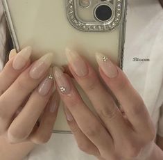 Cheap Nail Ideas, Nude Nails With Gems, Blush Nails, Spring Nail Designs