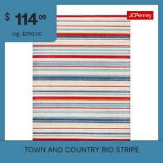 a red, white and blue rug with the words town and country rio stripe on it