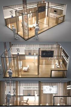 three views of the inside of a house with wooden floors and glass walls, including an open floor plan