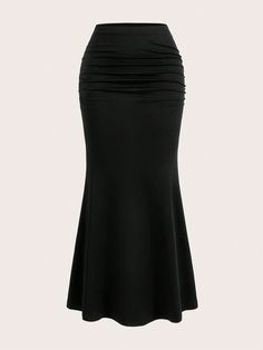 Women's Solid Color Pleated Fish Tail Skirt Black Elegant   Knitted Fabric Plain Mermaid Medium Stretch  Women Clothing, size features are:Bust: ,Length: ,Sleeve Length: Shein Black Skirt, Mermaid Skirt Outfit, Black Mermaid Skirt, Fish Skirt, Long Tight Skirt, Dope Fashion Outfits, Modest Girly Outfits, Shein Skirts, Sheath Skirt